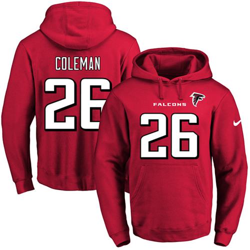 Nike Falcons #26 Tevin Coleman Red Name & Number Pullover NFL Hoodie